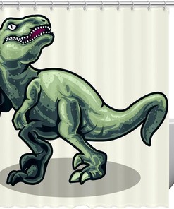 Realistic Dinosaurs Raptor Green Tyrannosaurus Shower Curtain, Prehistoric Bath Curtain