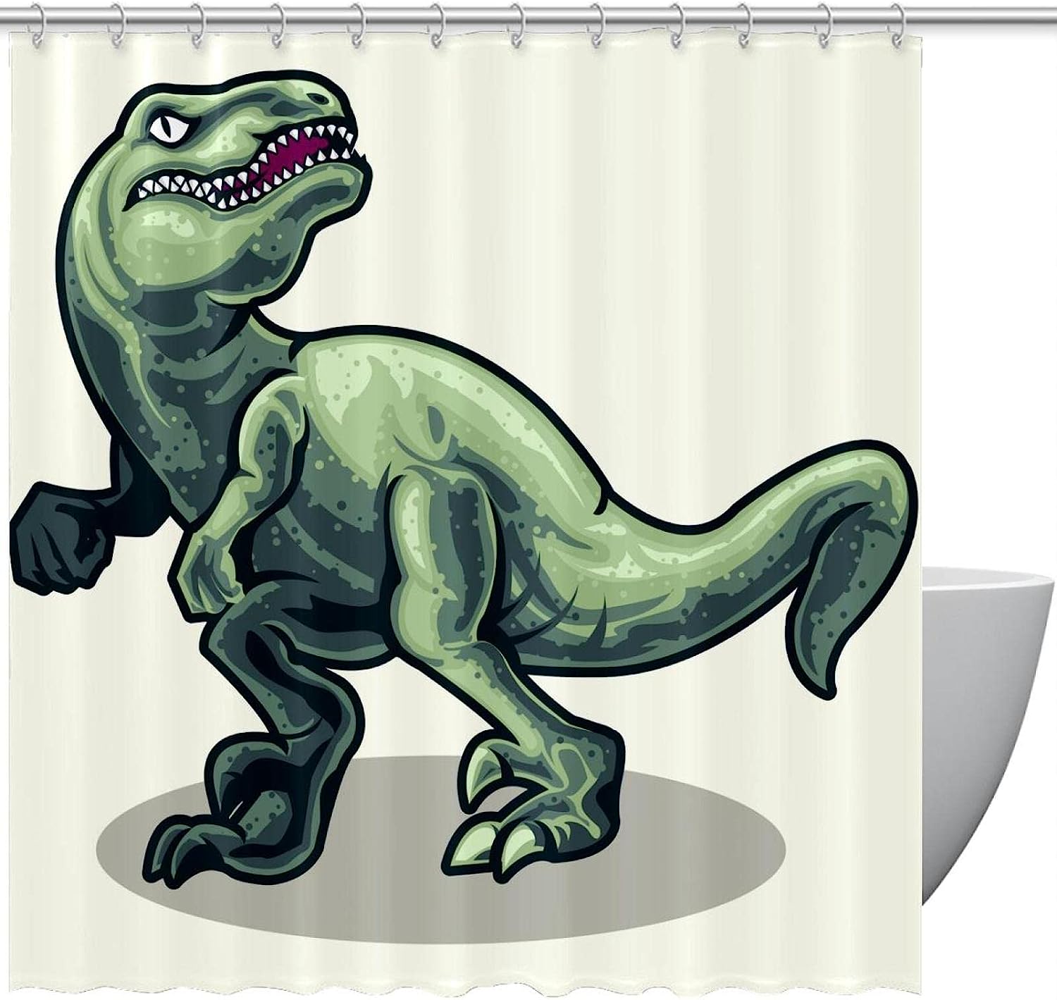 Realistic Dinosaurs Raptor Green Tyrannosaurus Shower Curtain, Prehistoric Bath Curtain