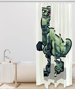 Realistic Dinosaurs Raptor Green Tyrannosaurus Shower Curtain, Prehistoric Bath Curtain