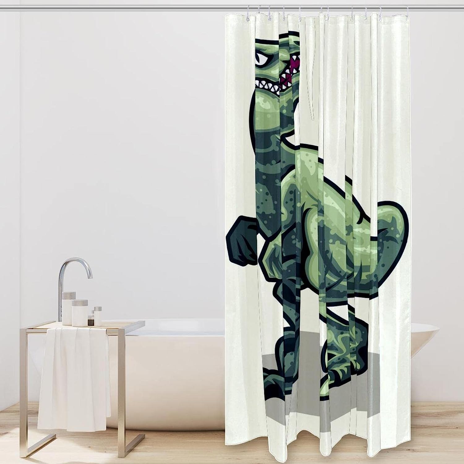 Realistic Dinosaurs Raptor Green Tyrannosaurus Shower Curtain, Prehistoric Bath Curtain