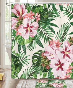 Realistic Flowers and Leaves Shower Curtain with Tropical Plant Leaf for Aesthetic Bathroom Decor