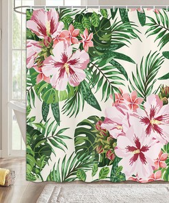 Realistic Flowers and Leaves Shower Curtain with Tropical Plant Leaf for Aesthetic Bathroom Decor