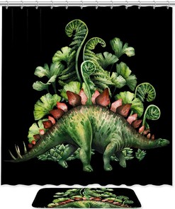 Realistic Green Dinosaur Painting Shower Curtain, Waterproof Fabric Bathroom Decor With Nature Print