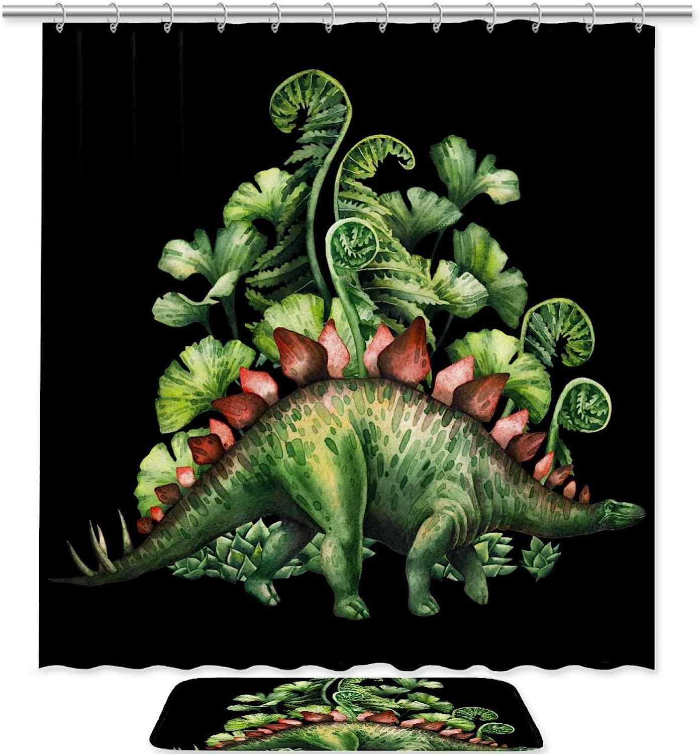 Realistic Green Dinosaur Painting Shower Curtain, Waterproof Fabric Bathroom Decor With Nature Print