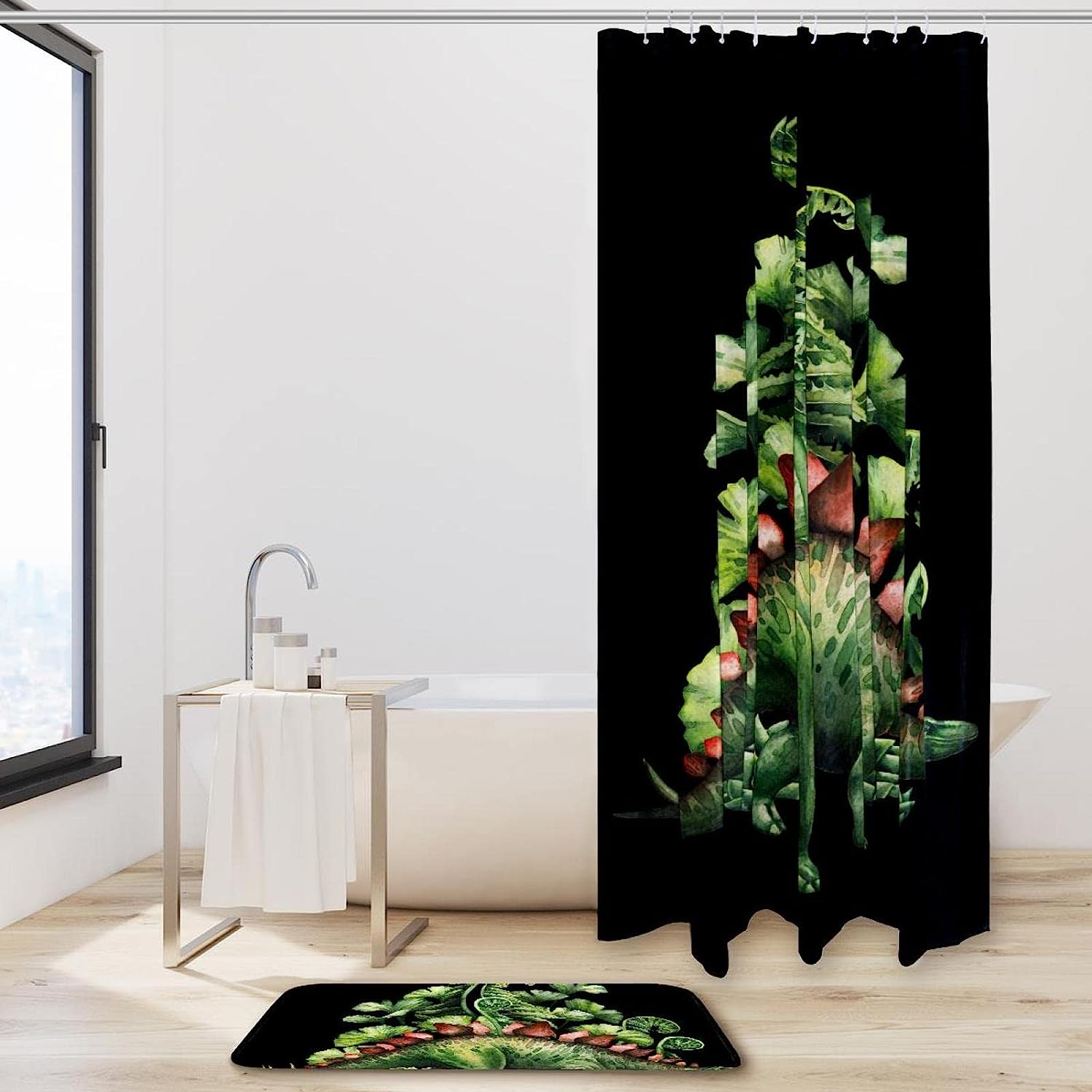 Realistic Green Dinosaur Painting Shower Curtain, Waterproof Fabric Bathroom Decor With Nature Print