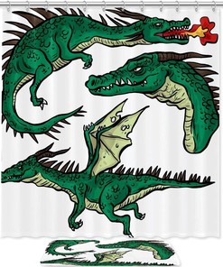 Realistic Green Dragon Shower Curtain, Waterproof Fabric Bathroom Decor With Gothic Print