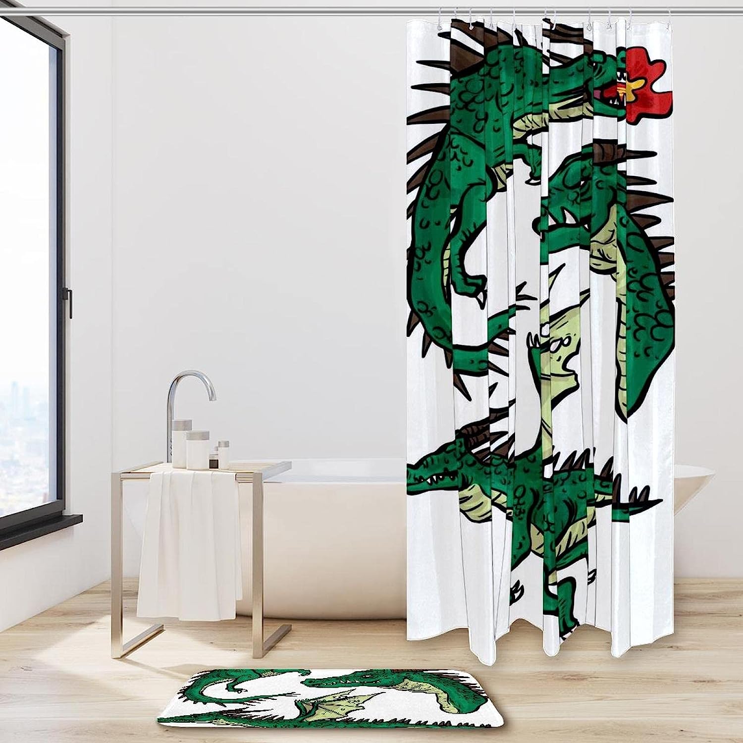 Realistic Green Dragon Shower Curtain, Waterproof Fabric Bathroom Decor With Gothic Print