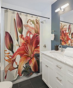 Realistic Lily Shower Curtain, Traditional Watercolor Style Bath Decoration