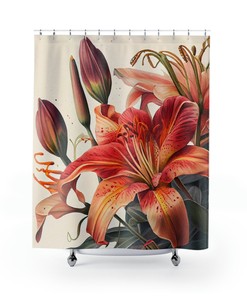 Realistic Lily Shower Curtain, Traditional Watercolor Style Bath Decoration