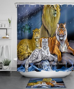 Realistic Lion Tiger Leopard Big Cats Waterproof Fabric Shower Curtain for Wildlife Lovers
