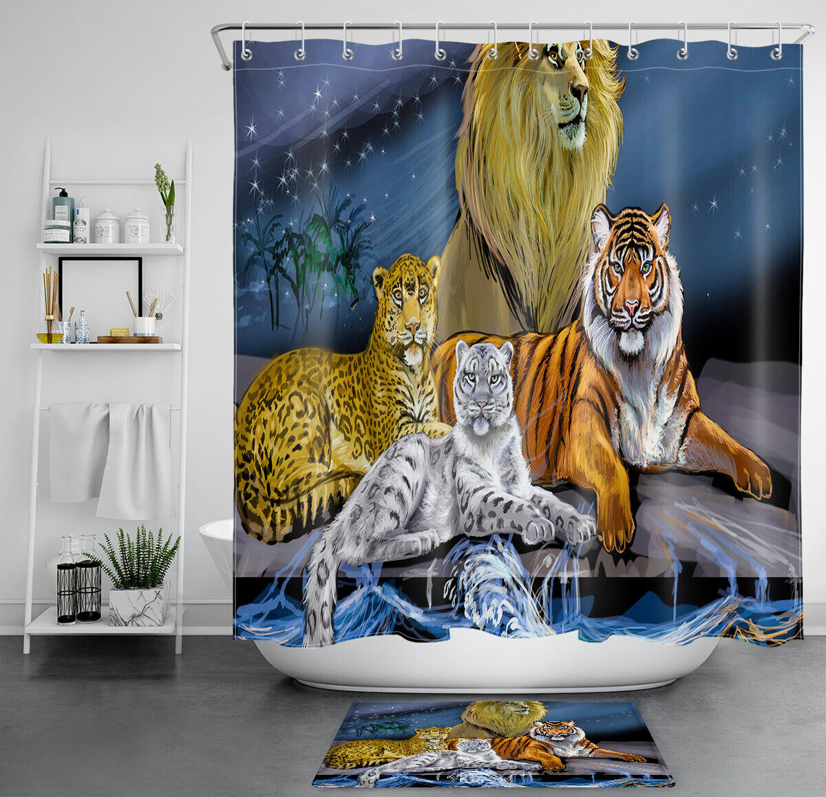 Realistic Lion Tiger Leopard Big Cats Waterproof Fabric Shower Curtain for Wildlife Lovers