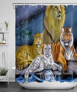 Realistic Lion Tiger Leopard Big Cats Waterproof Fabric Shower Curtain for Wildlife Lovers
