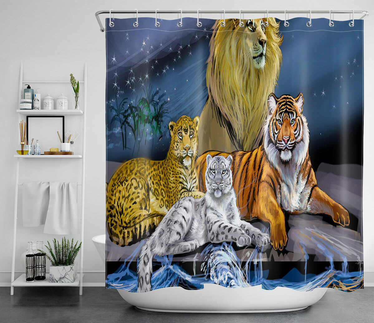 Realistic Lion Tiger Leopard Big Cats Waterproof Fabric Shower Curtain for Wildlife Lovers