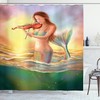 Realistic Mermaid Playing Violin Sunset View Fabric Shower Curtain 