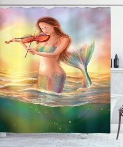 Realistic Mermaid Playing Violin Sunset View Fabric Shower Curtain 