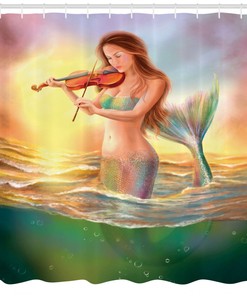 Realistic Mermaid Playing Violin Sunset View Fabric Shower Curtain