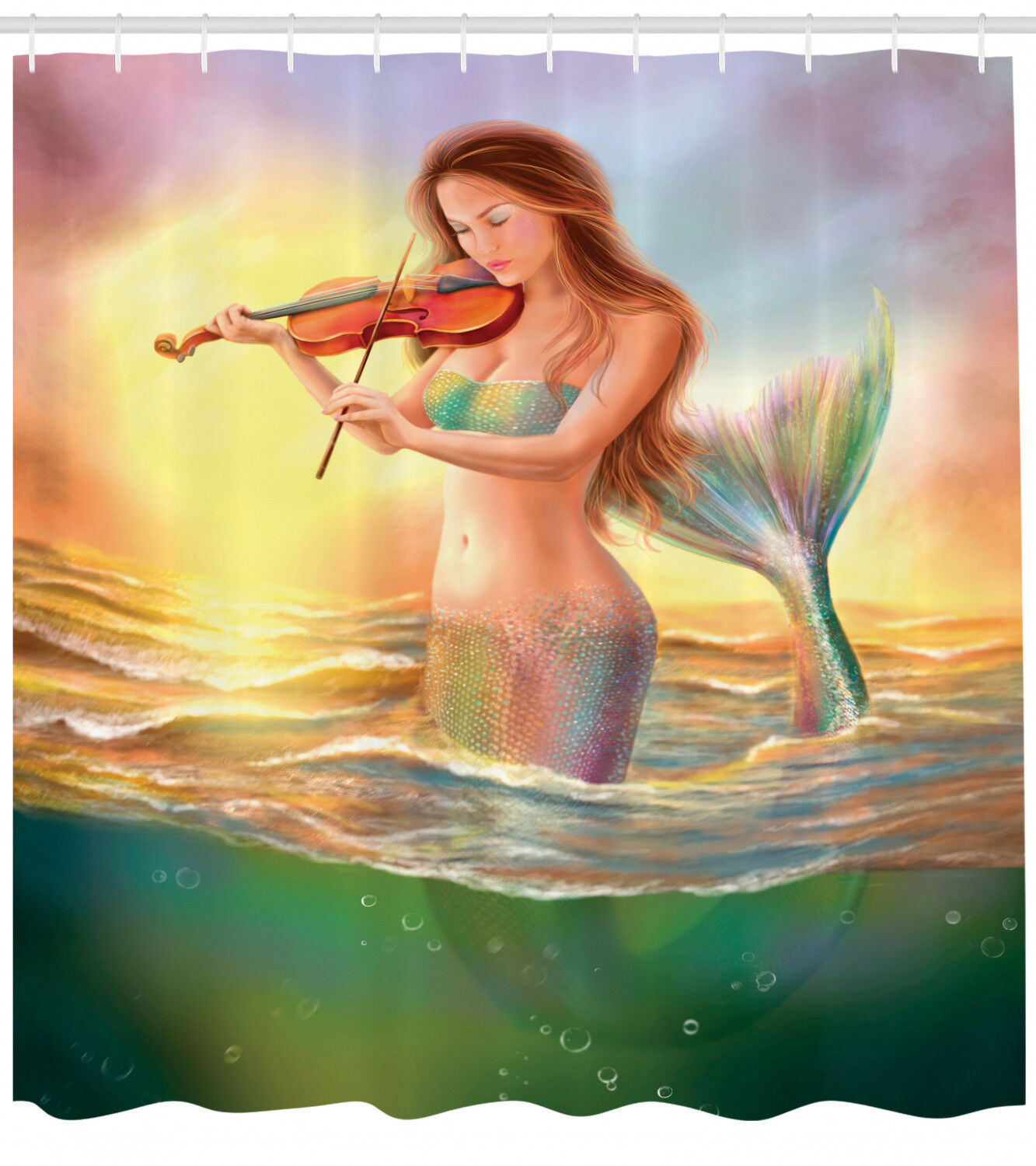 Realistic Mermaid Playing Violin Sunset View Fabric Shower Curtain