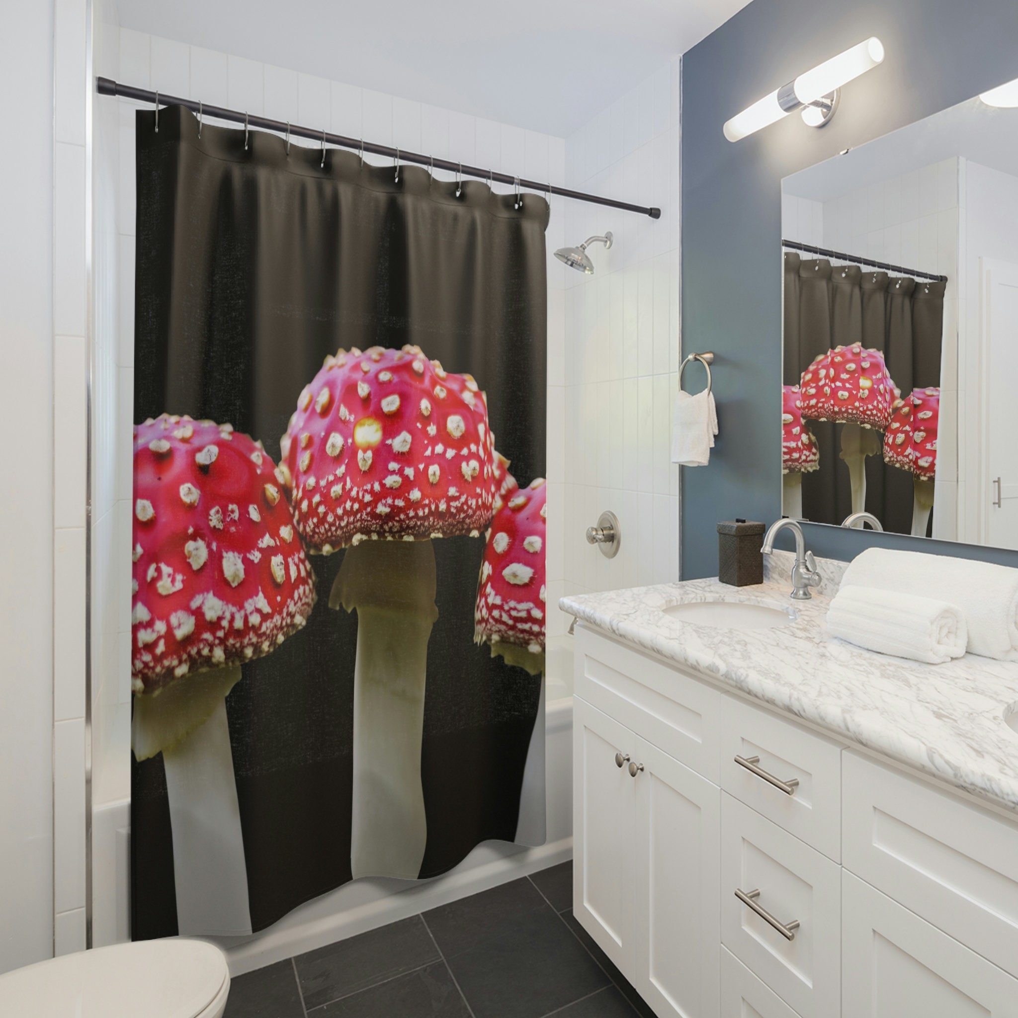 Realistic Red Capped Mushrooms Unique Shower Curtain