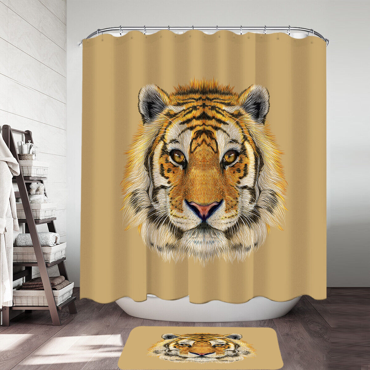 Realistic Tiger Portrait Shower Curtain for Artistic Bathroom Decor