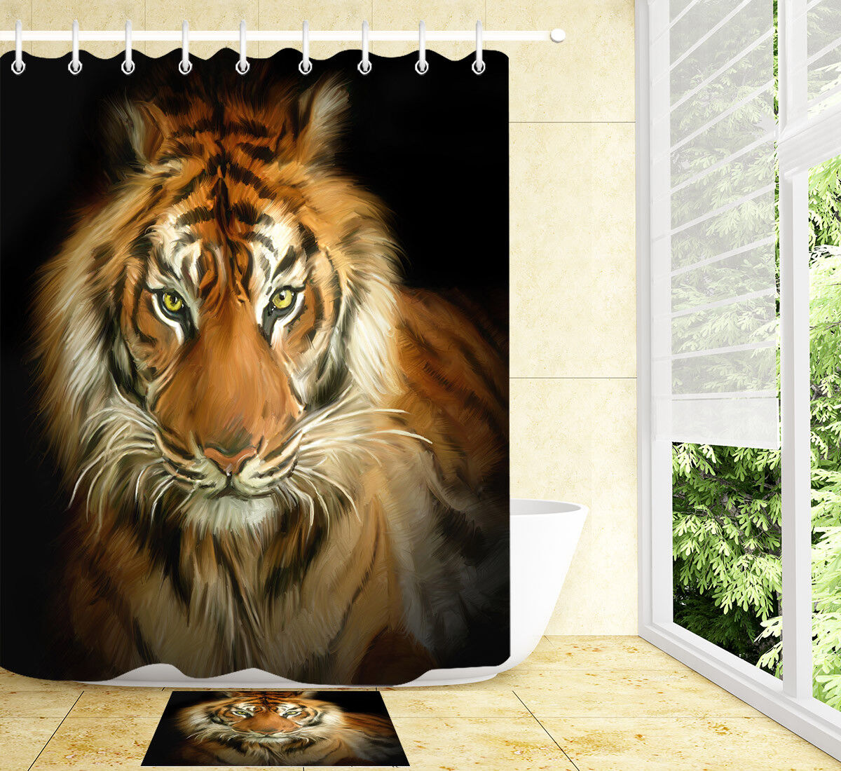 Realistic Tiger Portrait Waterproof Shower Curtain for Wildlife Bathroom Decor