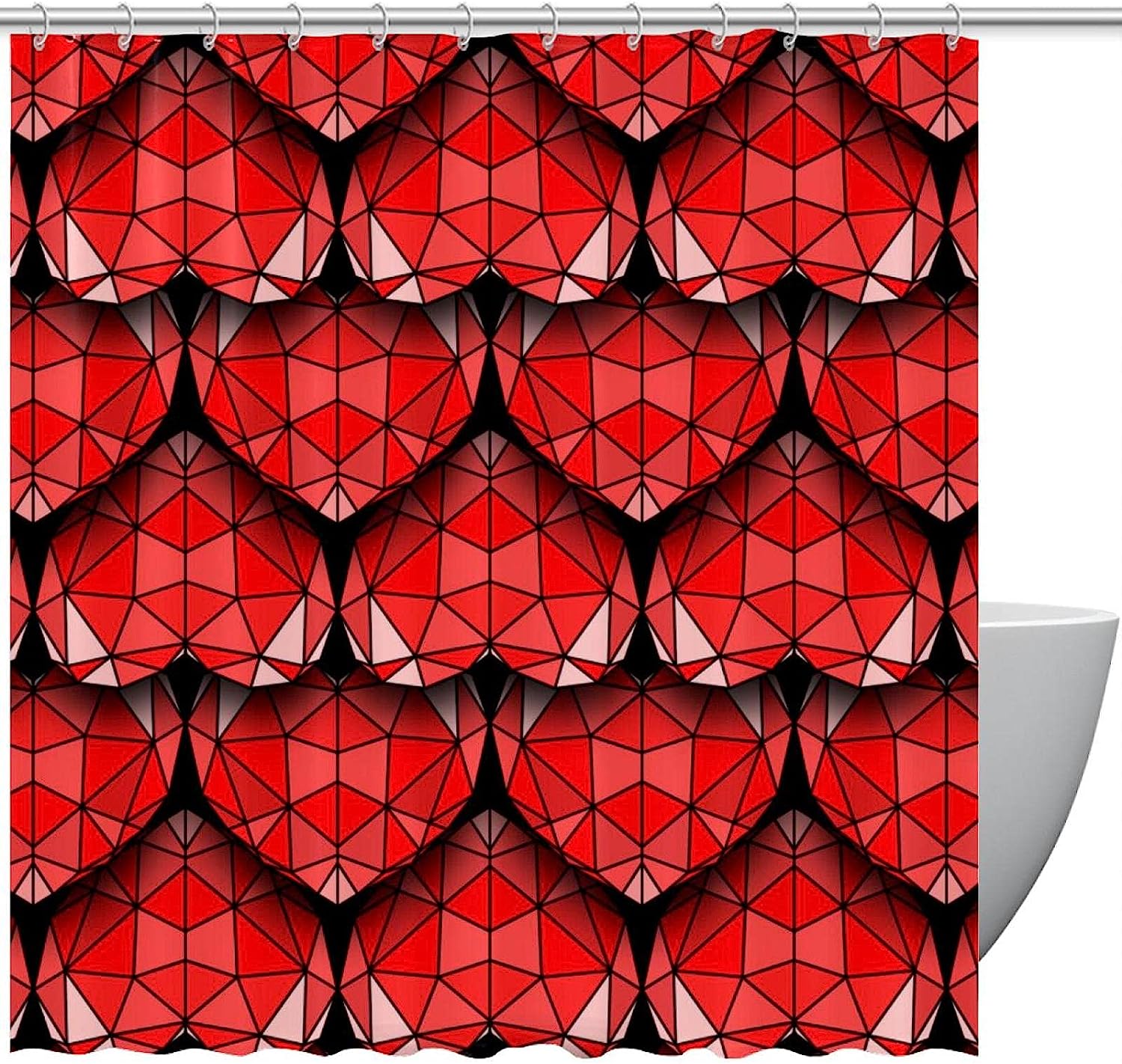 Red 3D Geometric Hearts Love Pattern Shower Curtain, Romantic Bathroom Decor