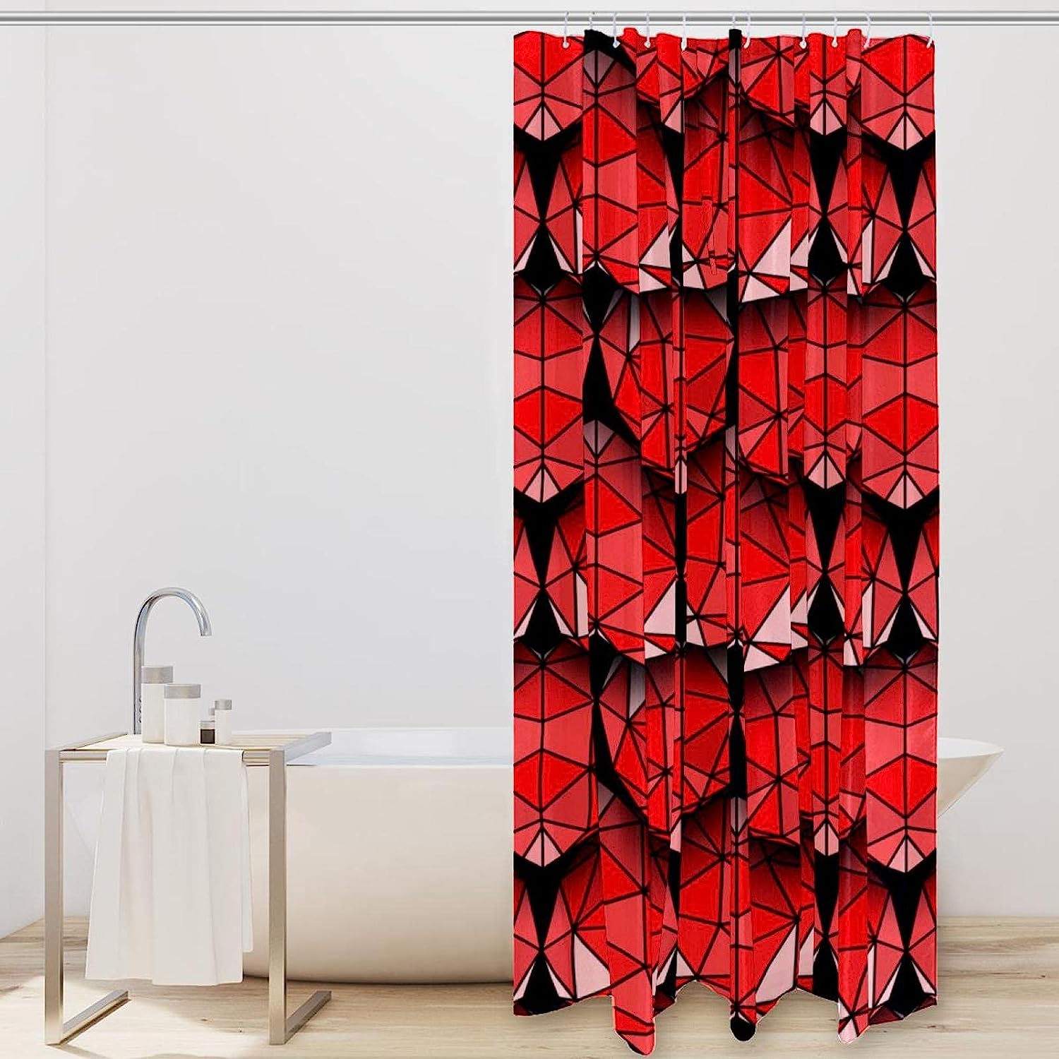 Red 3D Geometric Hearts Love Pattern Shower Curtain, Romantic Bathroom Decor