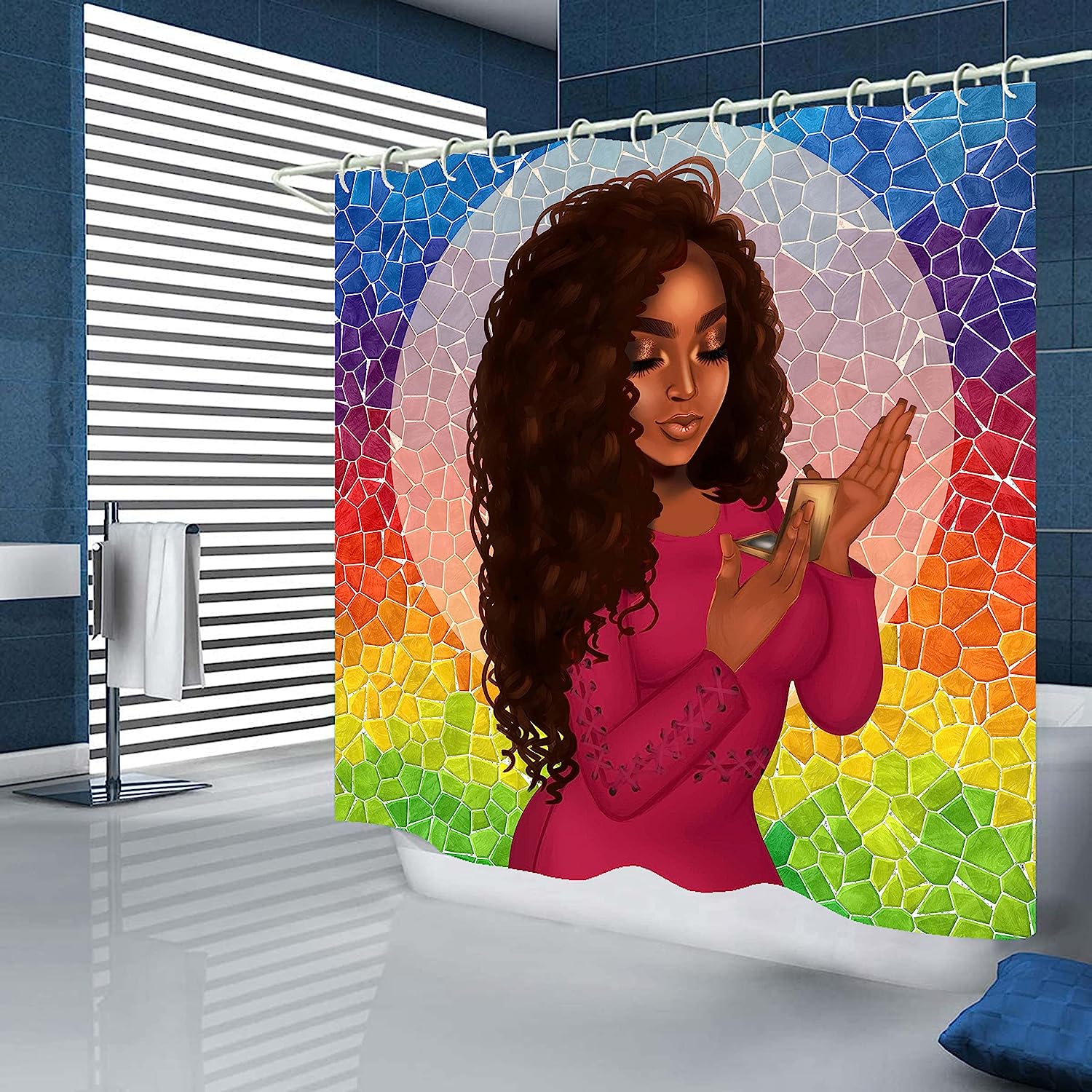 Red Accented Black Girl Bathroom Decor Set With African American Shower Curtain - Image 2