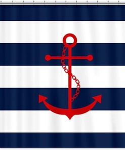 Red Anchor on Blue Stripes Shower Curtain with Nautical Design for a Beachy Bathroom 