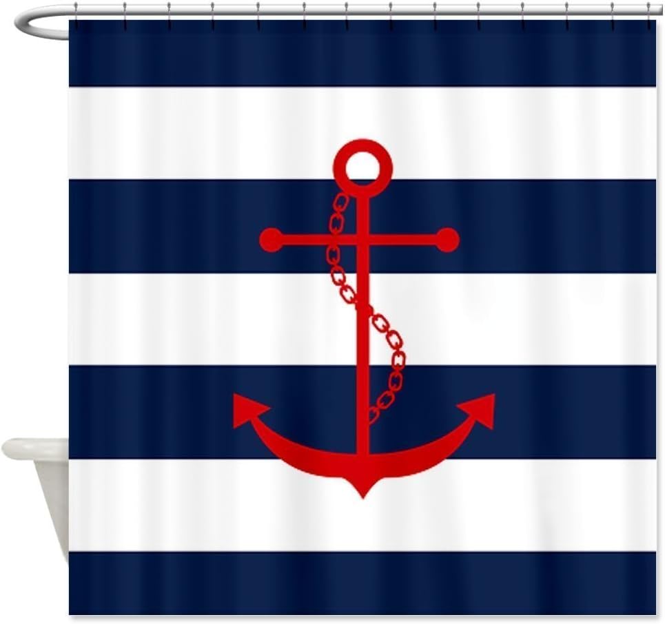 Red Anchor on Blue Stripes Shower Curtain with Nautical Design for a Beachy Bathroom