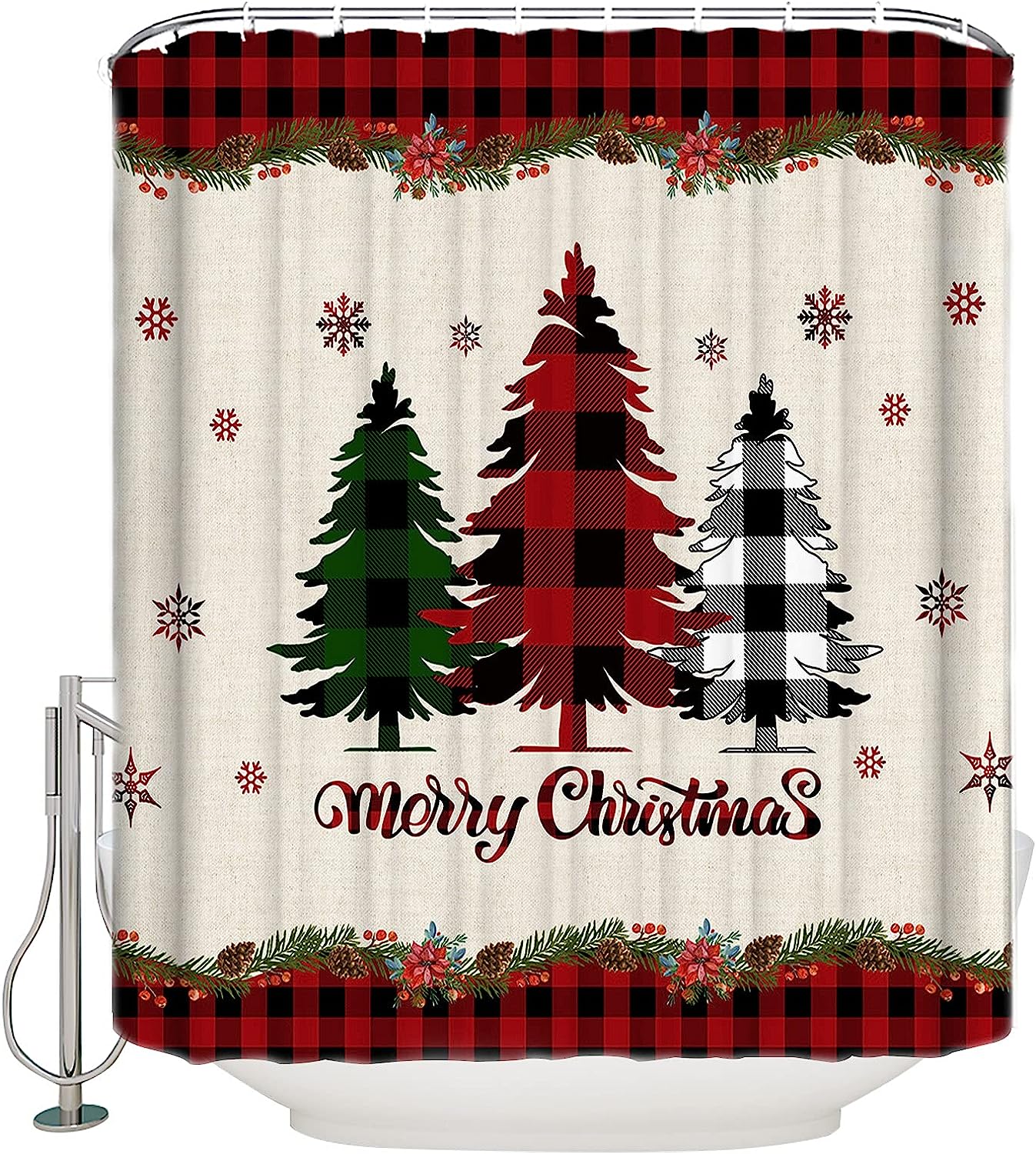 Red And Black Buffalo Plaid Christmas Tree Snowflake Shower Curtain