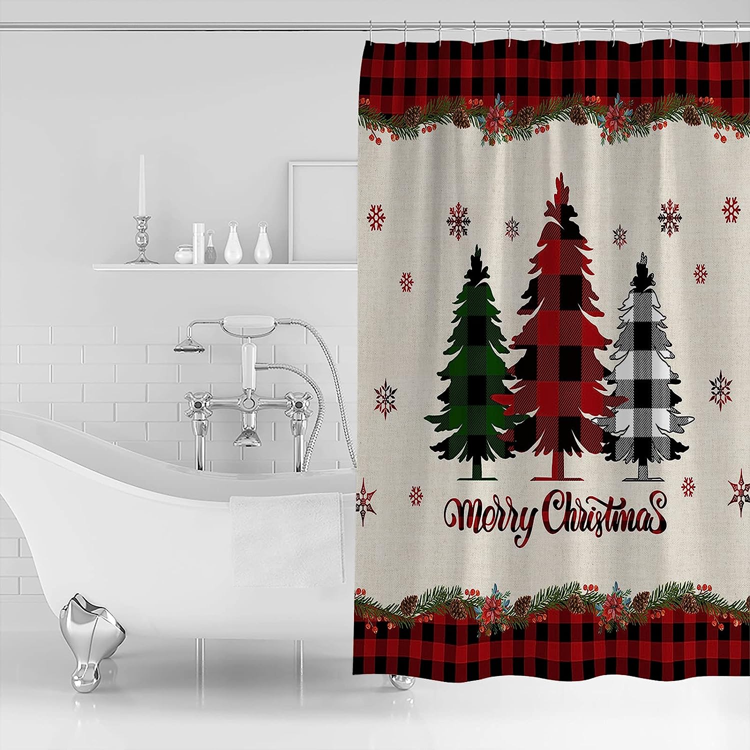 Red And Black Buffalo Plaid Christmas Tree Snowflake Shower Curtain - Image 2