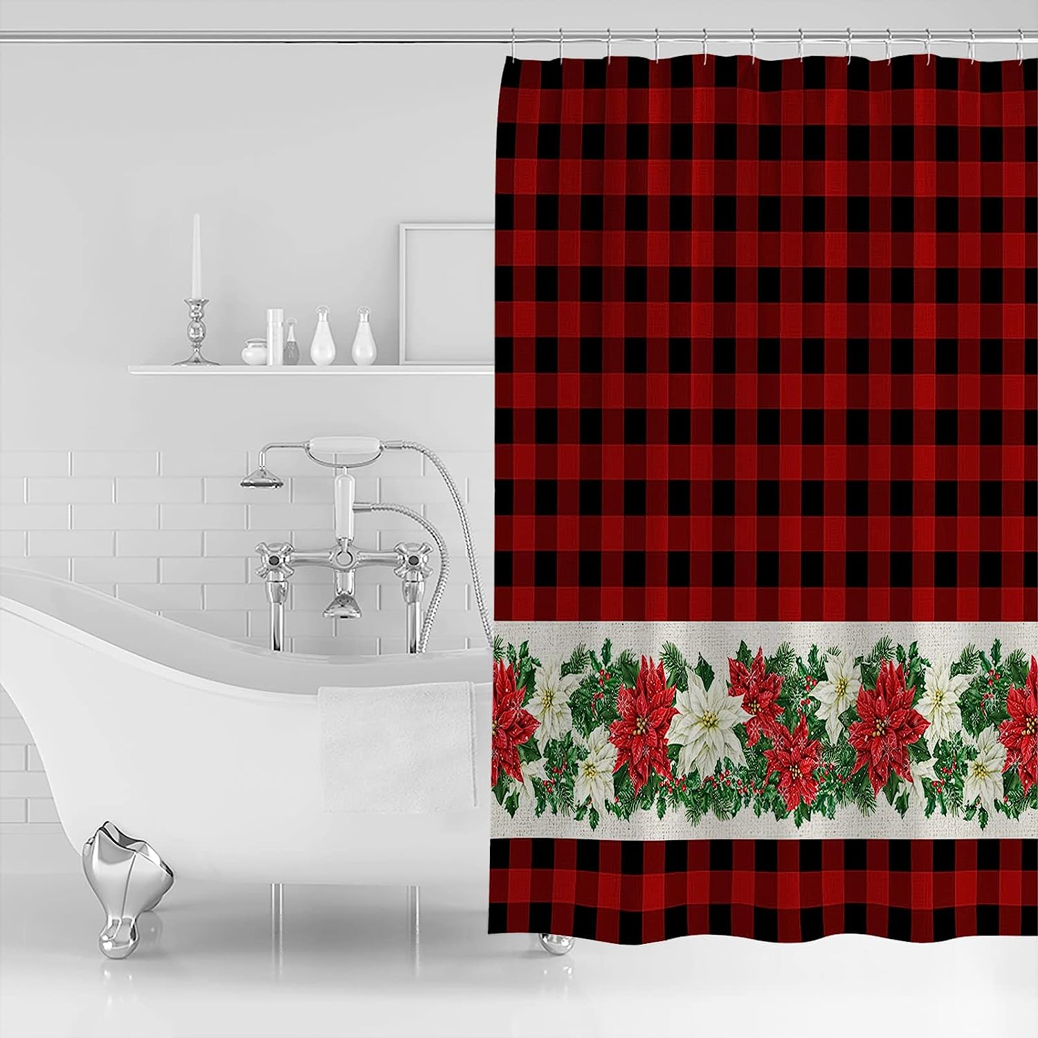 Red And Black Plaid Snowflake Shower Curtain For A Merry Christmas - Image 2