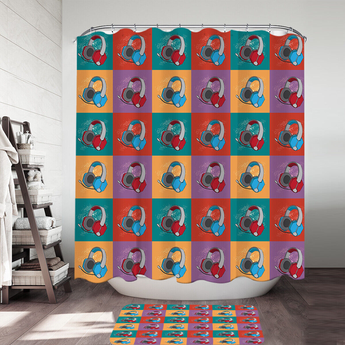 Red And Blue Gamers Headphone Sets Shower Curtain - Ideal For Gamers