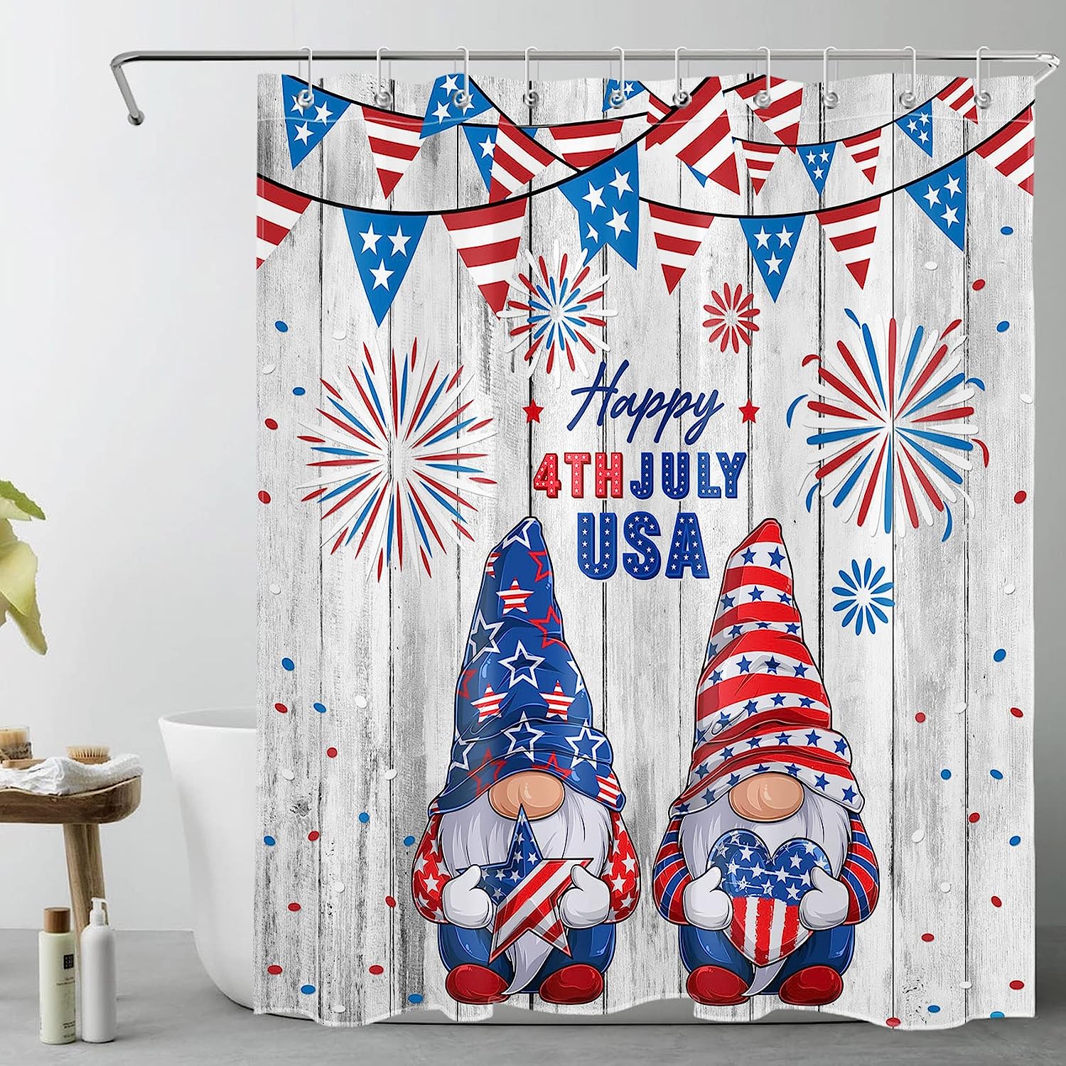 Red And Blue Stars Fireworks On Vintage Wooden Board 4Th Of July Gnome Shower Curtain With Best Shower Curtains