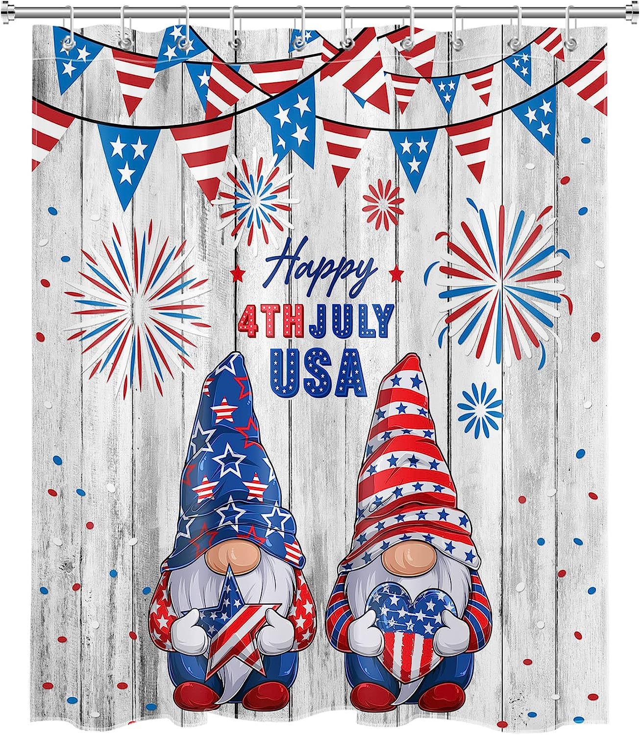 Red And Blue Stars Fireworks On Vintage Wooden Board 4Th Of July Gnome Shower Curtain With Best Shower Curtains