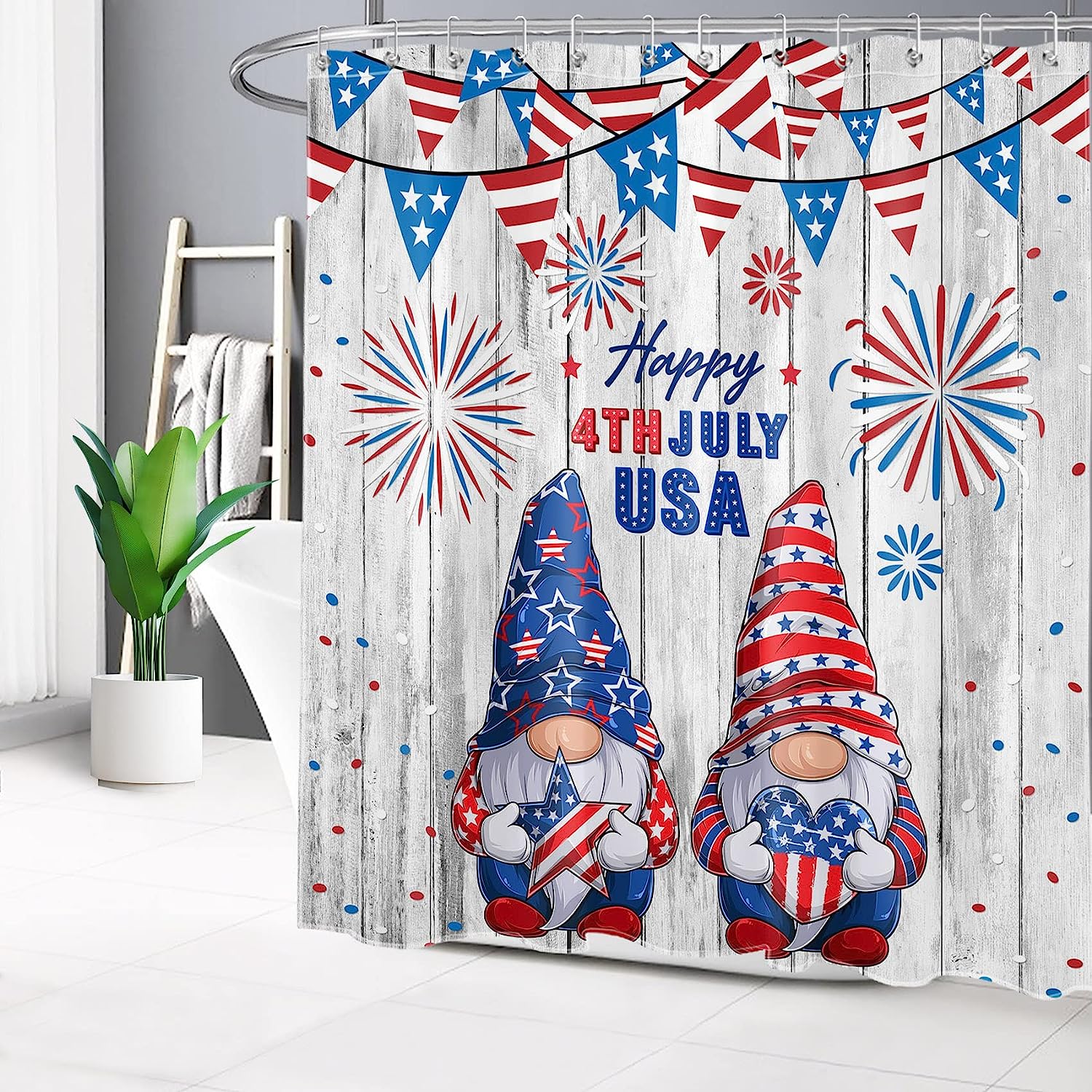 Red And Blue Stars Fireworks On Vintage Wooden Board 4Th Of July Gnome Shower Curtain With Curtain Full Size