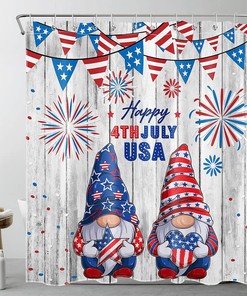 Red And Blue Stars Fireworks On Vintage Wooden Board 4Th Of July Gnome Shower Curtain With Curtain Full Size