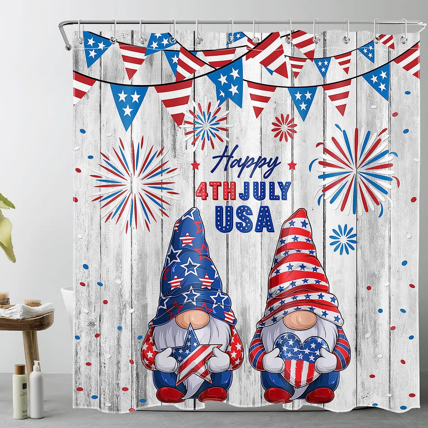 Red And Blue Stars Fireworks On Vintage Wooden Board 4Th Of July Gnome Shower Curtain With Curtain Full Size
