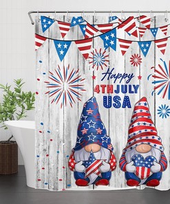 Red And Blue Stars Fireworks On Vintage Wooden Board 4Th Of July Gnome Shower Curtain With Curtain Full Size