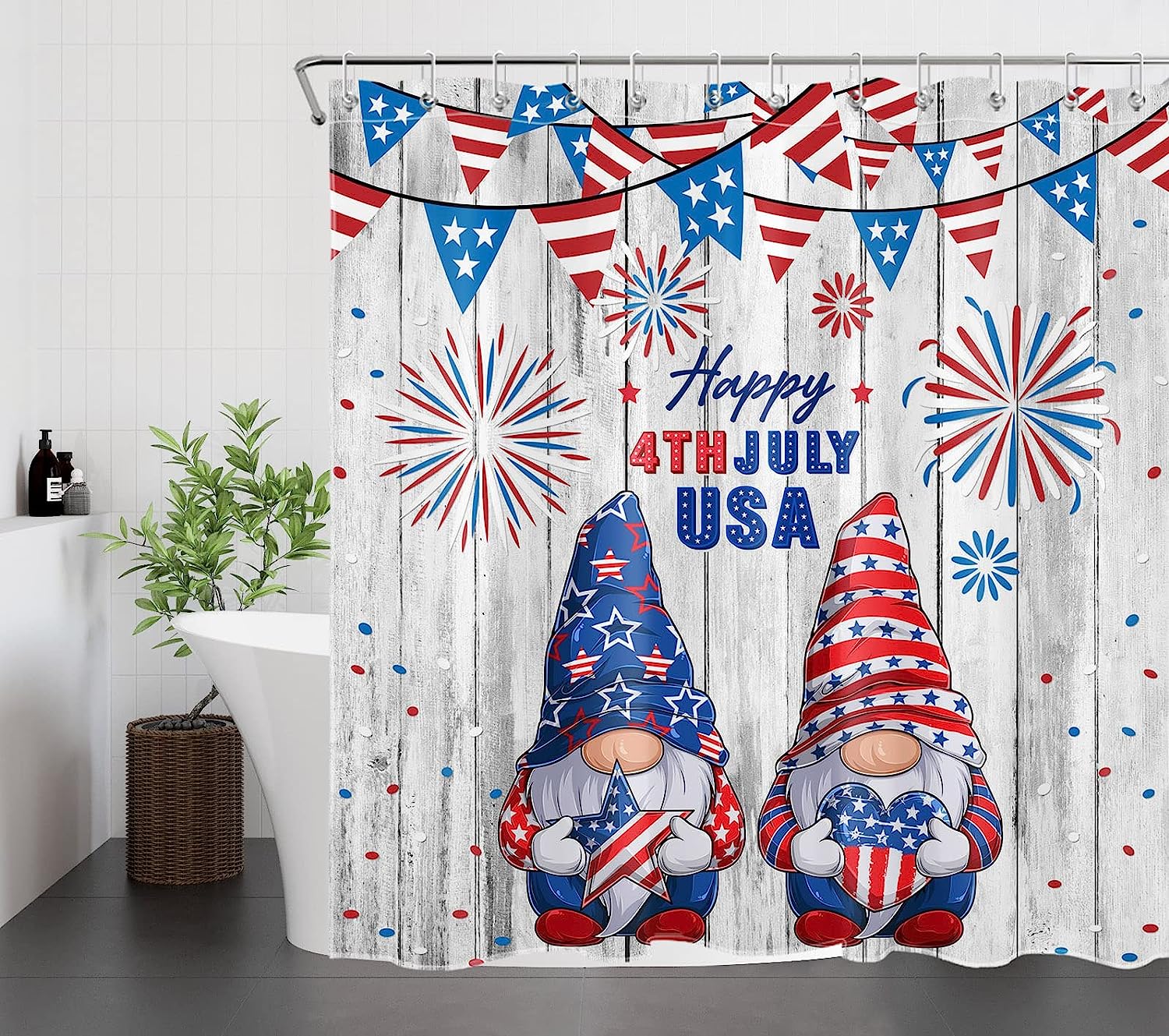 Red And Blue Stars Fireworks On Vintage Wooden Board 4Th Of July Gnome Shower Curtain With Curtain Full Size