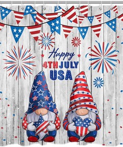 Red And Blue Stars Fireworks On Vintage Wooden Board 4Th Of July Gnome Shower Curtain With Curtain Full Size