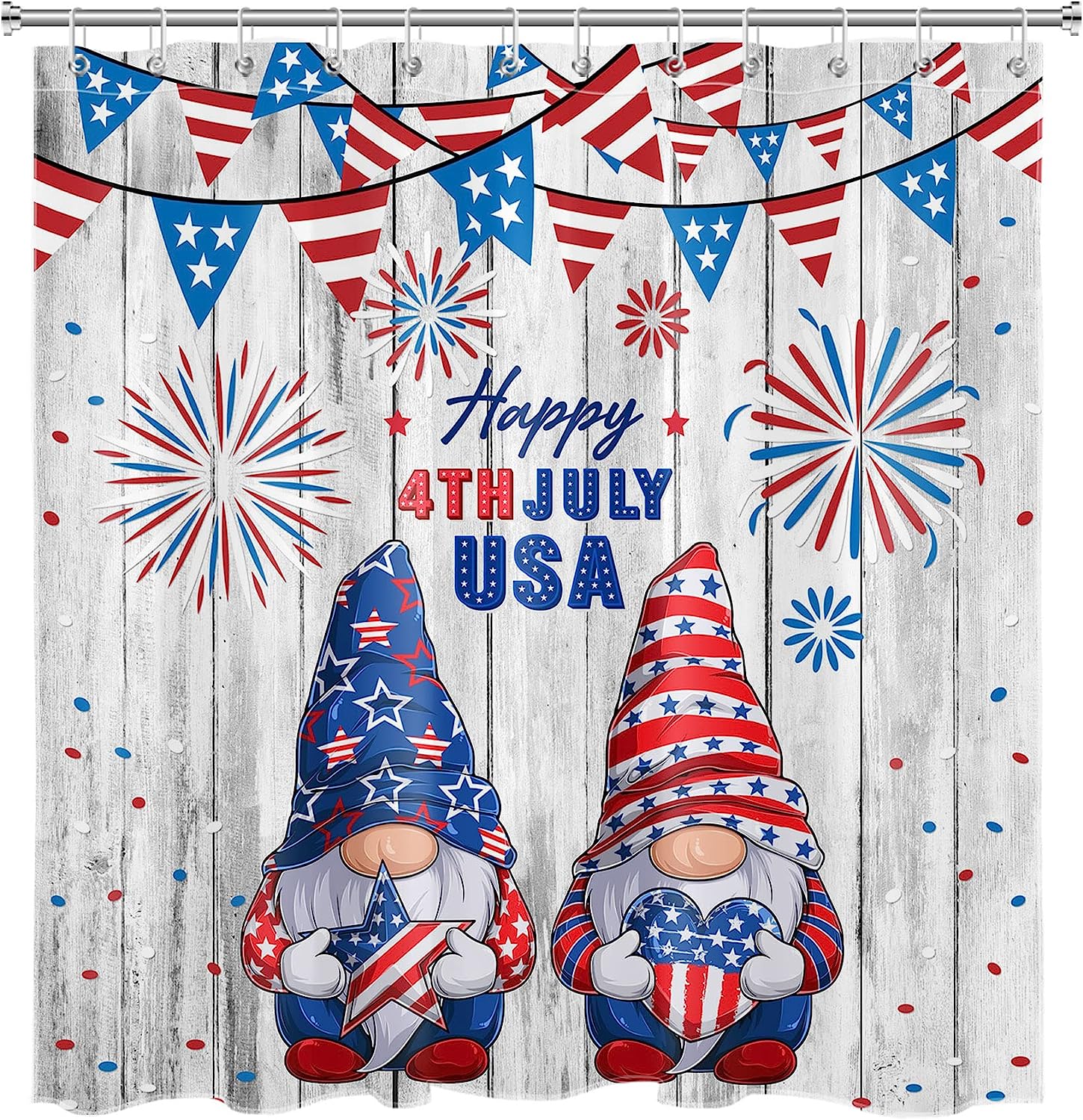 Red And Blue Stars Fireworks On Vintage Wooden Board 4Th Of July Gnome Shower Curtain With Curtain Full Size