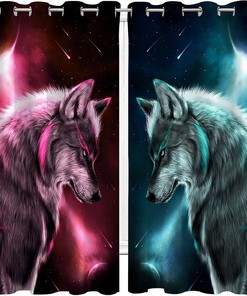 Red And Cyan Cartoon Wolf Blackout Window Curtain For Kids Room