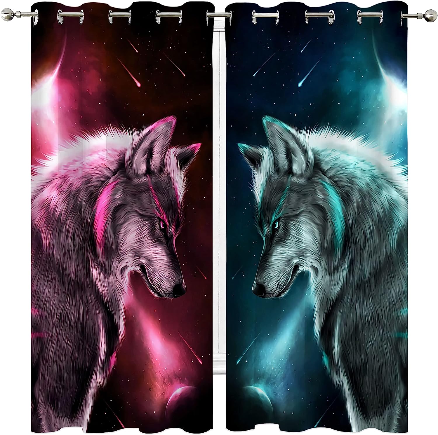 Red And Cyan Cartoon Wolf Blackout Window Curtain For Kids Room