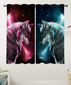 Red And Cyan Cartoon Wolf Blackout Window Curtain For Kids Room