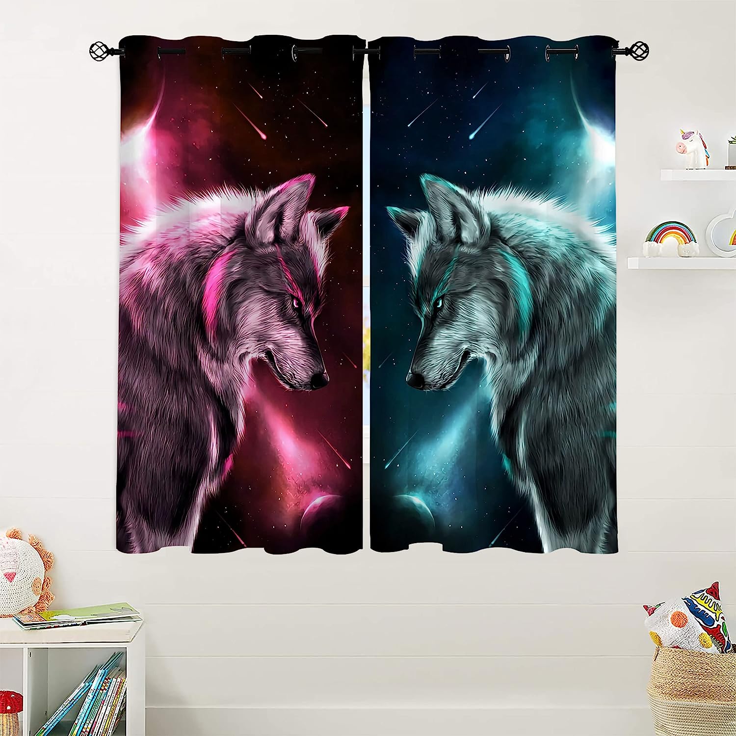 Red And Cyan Cartoon Wolf Blackout Window Curtain For Kids Room