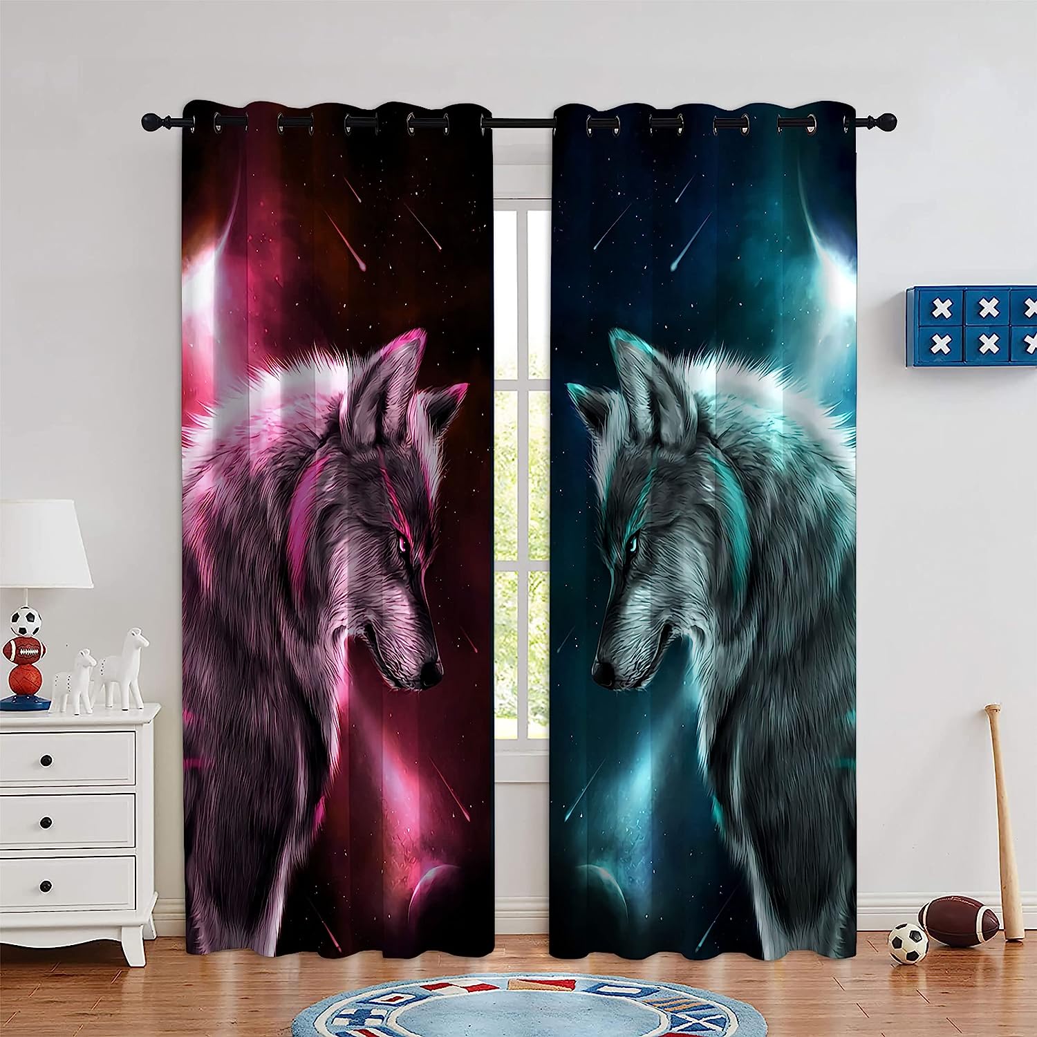 Red And Cyan Cartoon Wolf Blackout Window Curtain For Kids Room