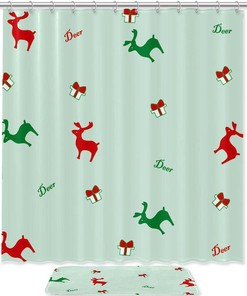 Red And Green Deer Gift Printed Bathroom Tub Set With Waterproof Fabric Shower Curtain