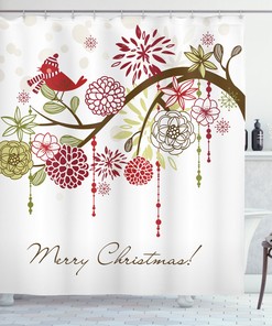 Red And White Snowflakes, Running Elk, And Red Snowflakes Print Fabric Shower Curtain For Festive Bathroom Decor