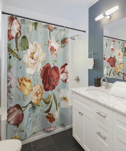 Red And Yellow Rose Shower Curtain, Romantic And Rustic Bathroom Decor, Waterproof Fabric Curtain